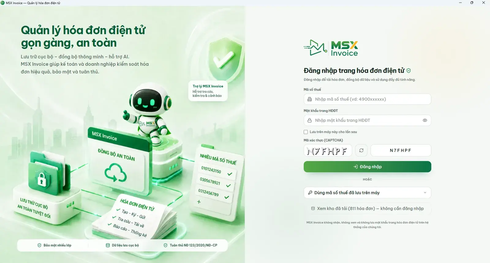 MSX Invoice trên Windows, màn hình đăng nhập cổng hóa đơn điện tử